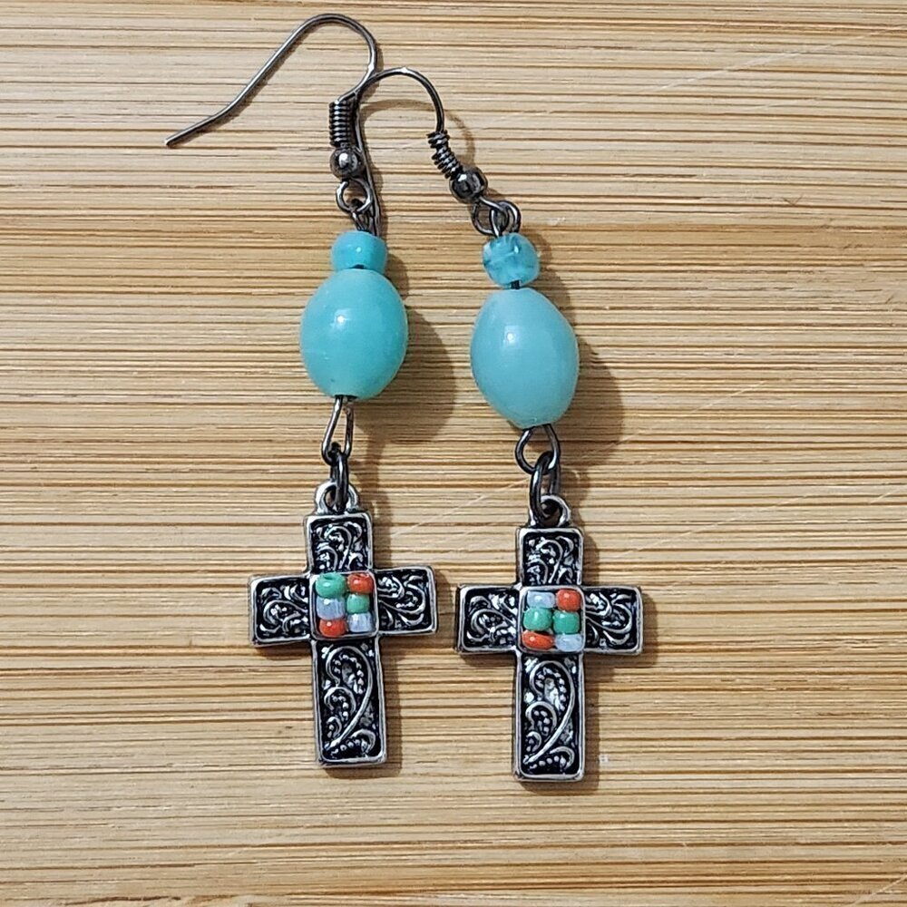 Hand Crafted Cross Earrings with Turquoise Beads Cross Charm Pendant